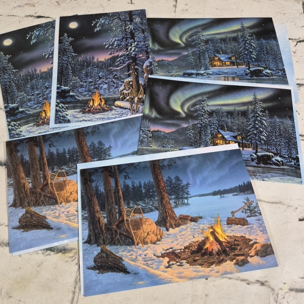 Leanin Tree Christmas Cards Snowy Forest Cabin Northern Lights Lot Of 6